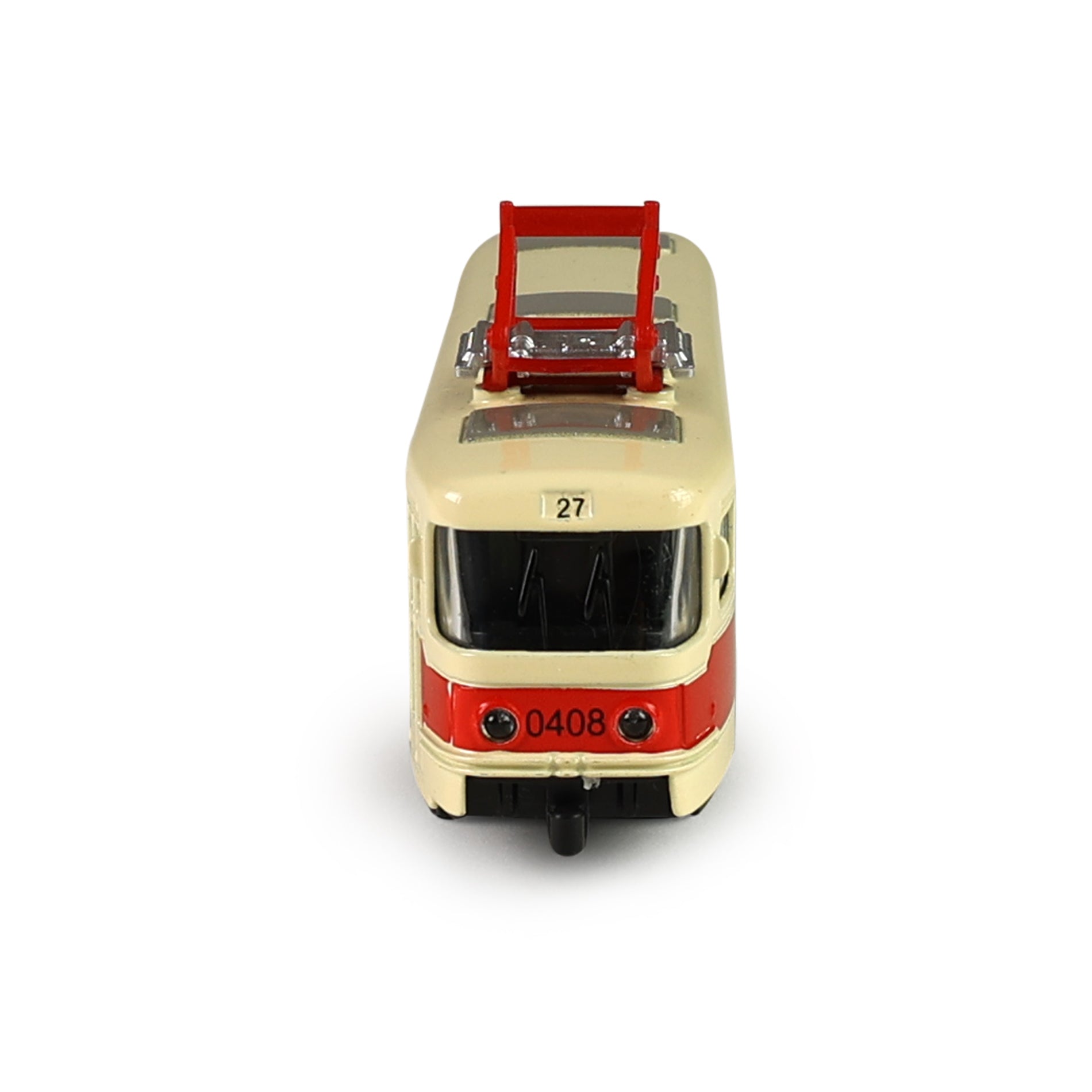Red metal retro tram 16 cm with opening doors