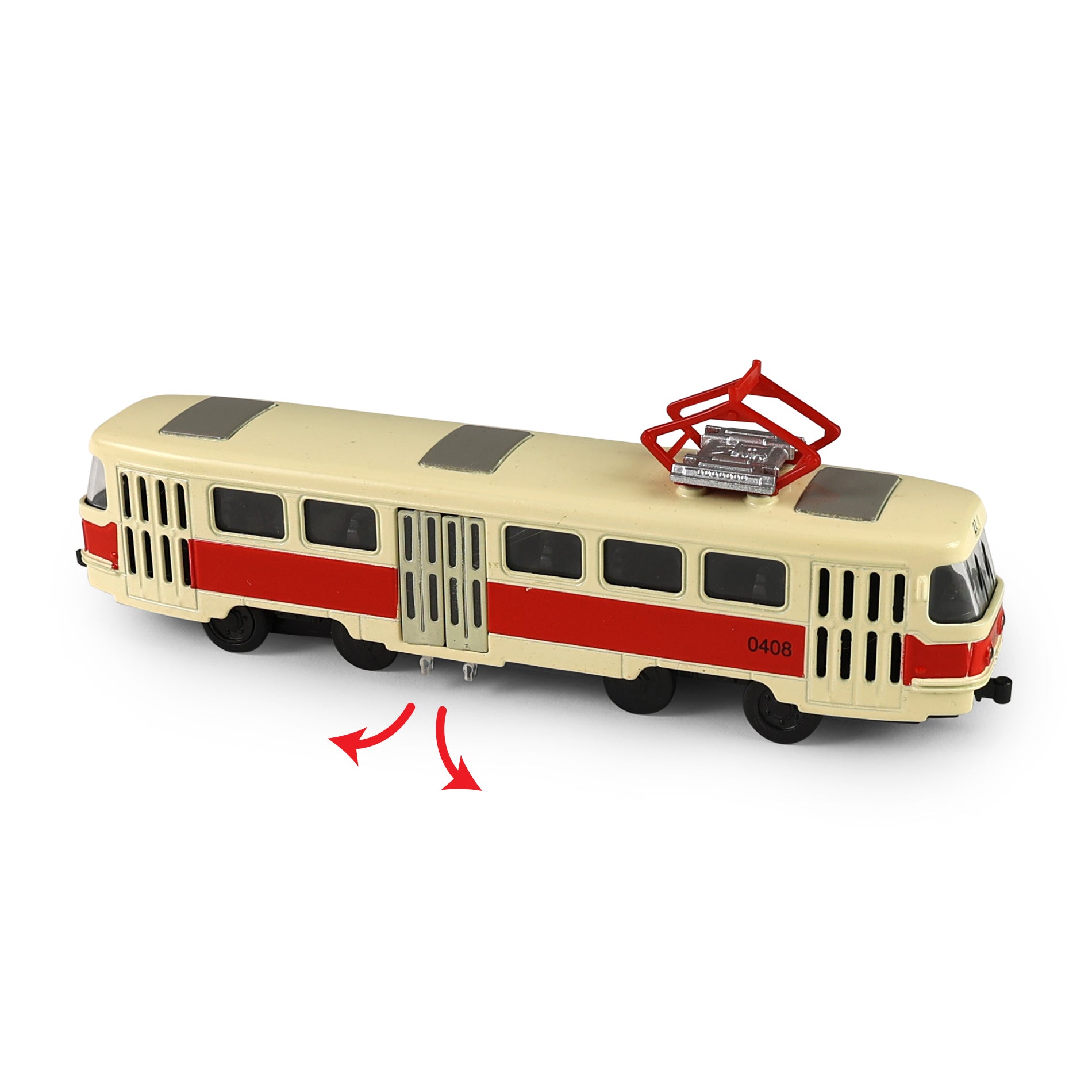 Red metal retro tram 16 cm with opening doors