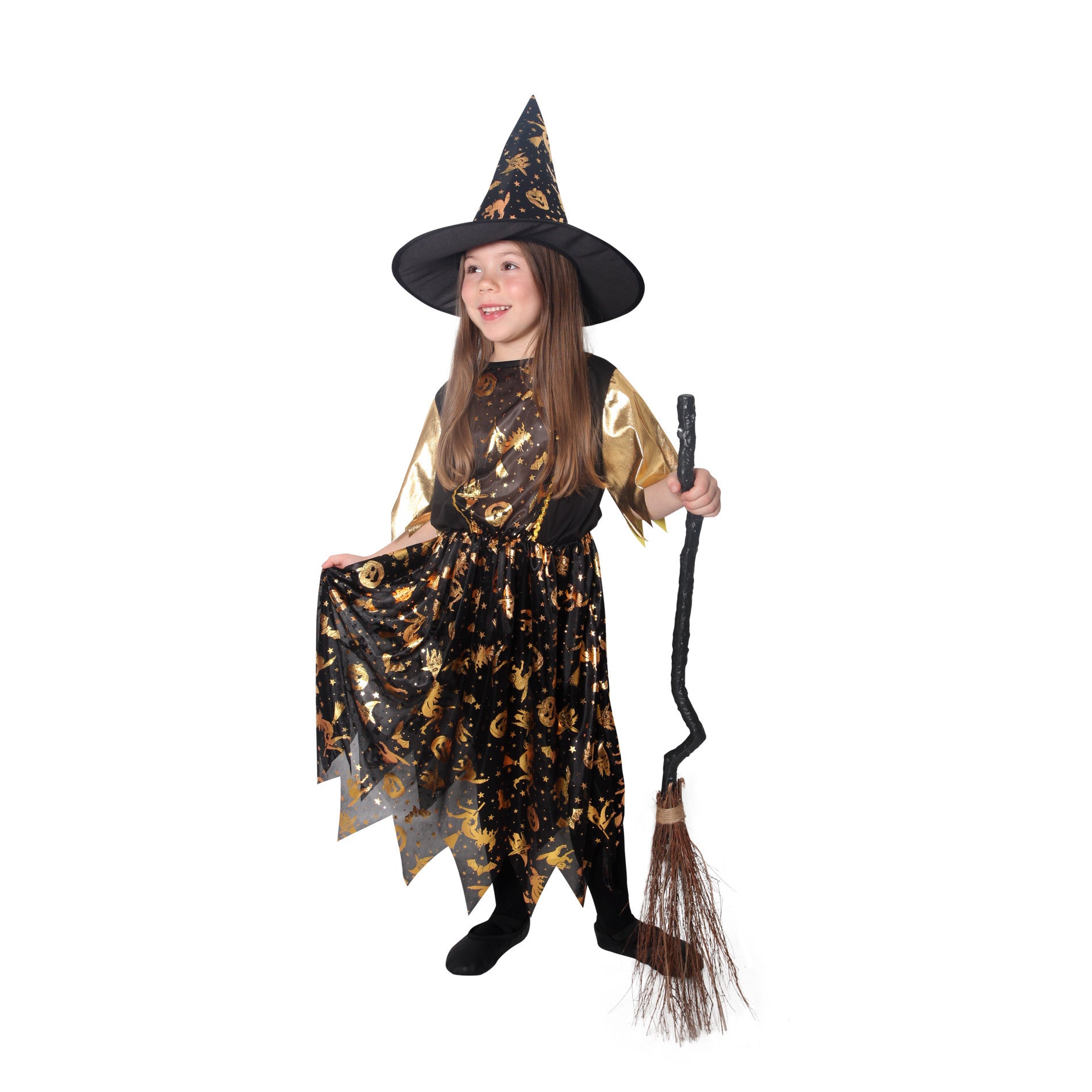 Children's witch costume black and gold with hat, size M