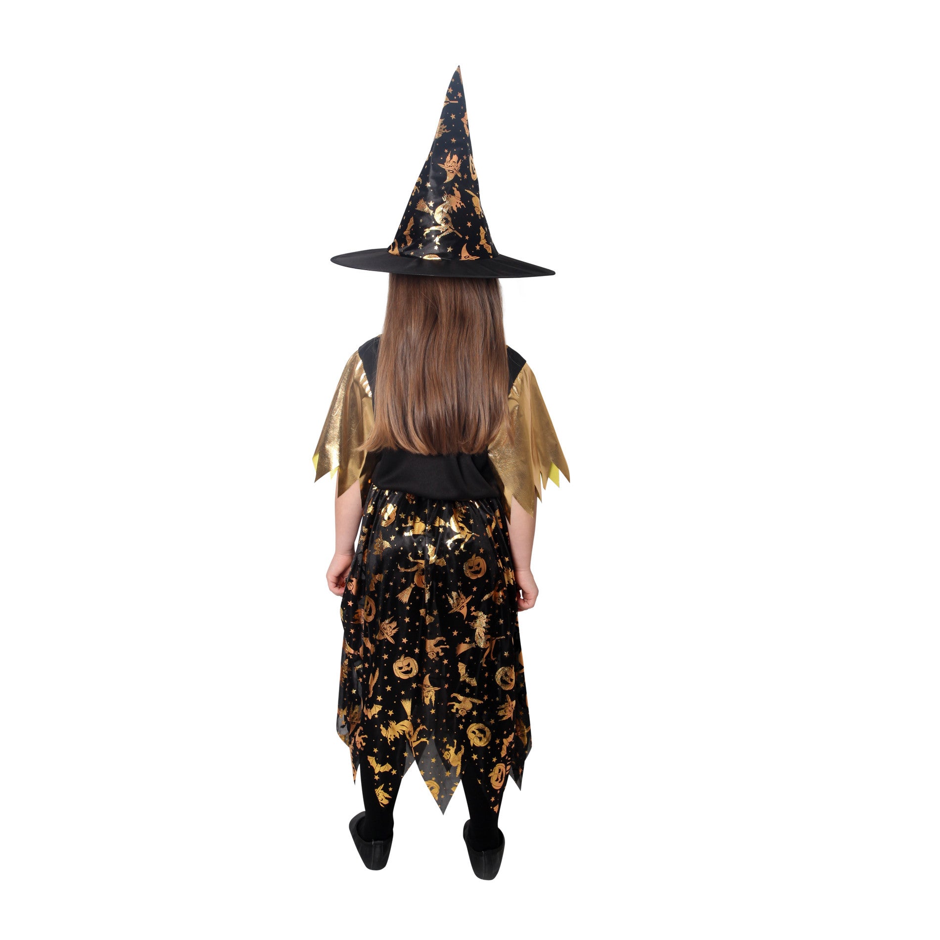 Children's witch costume black and gold with hat, size M