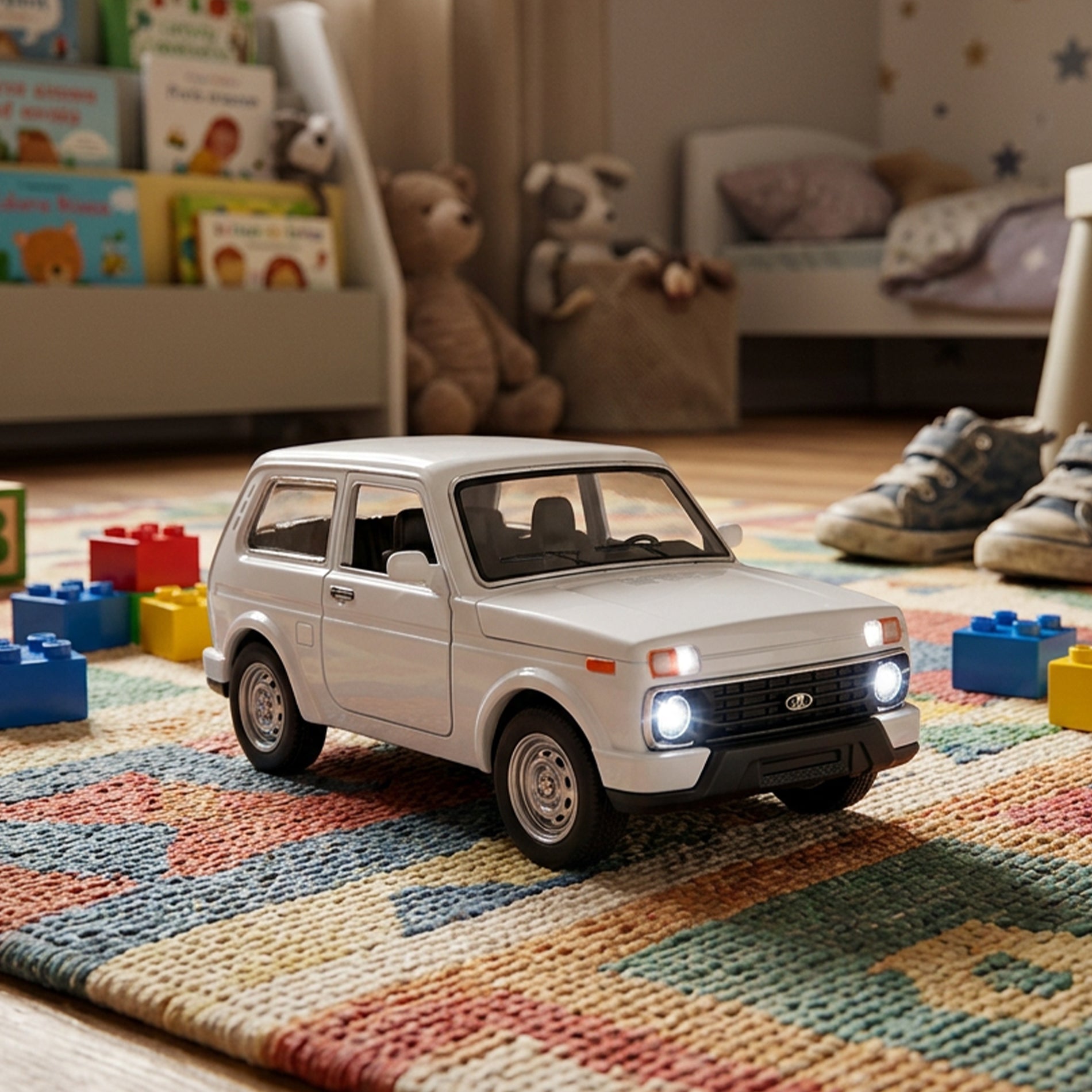 White toy car with lights and sound
