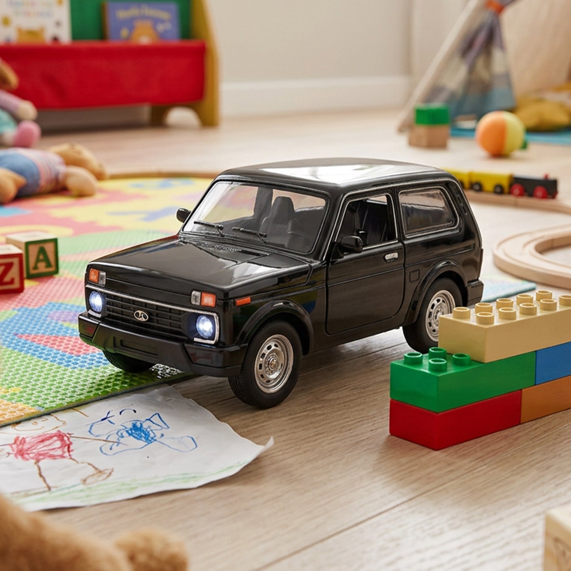 Black toy car with sound and lights