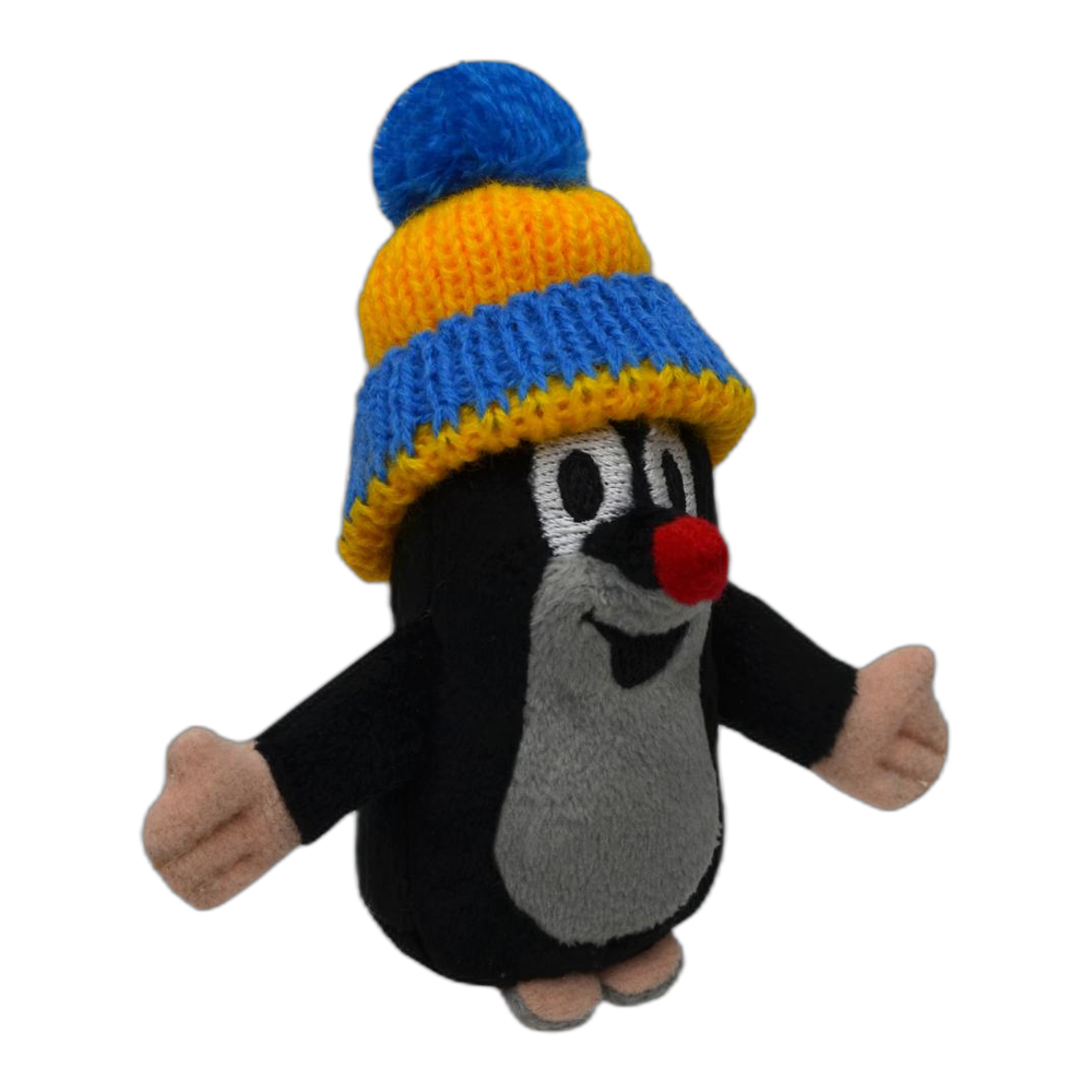 Little Mole 10 cm finger puppet with a blue-yellow knitted hat