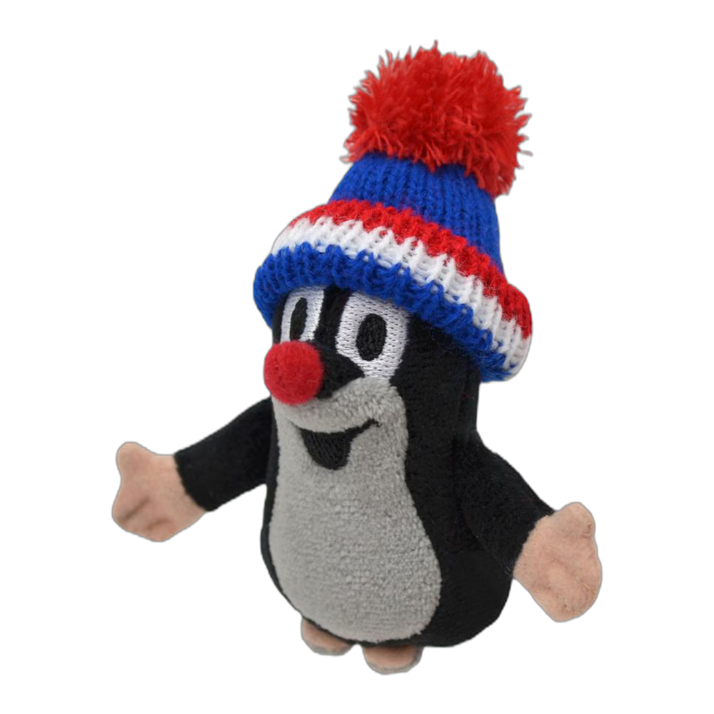 Little Mole 10 cm finger puppet with a blue tricolour knitted hat