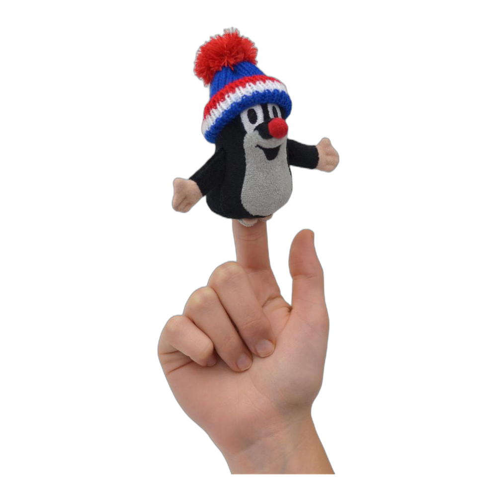Little Mole 10 cm finger puppet with a blue tricolour knitted hat