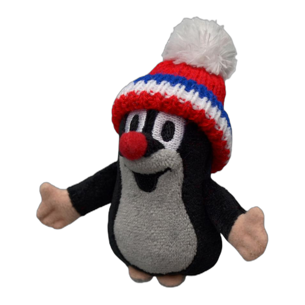 Little Mole 10 cm finger puppet with a red tricolour knitted hat