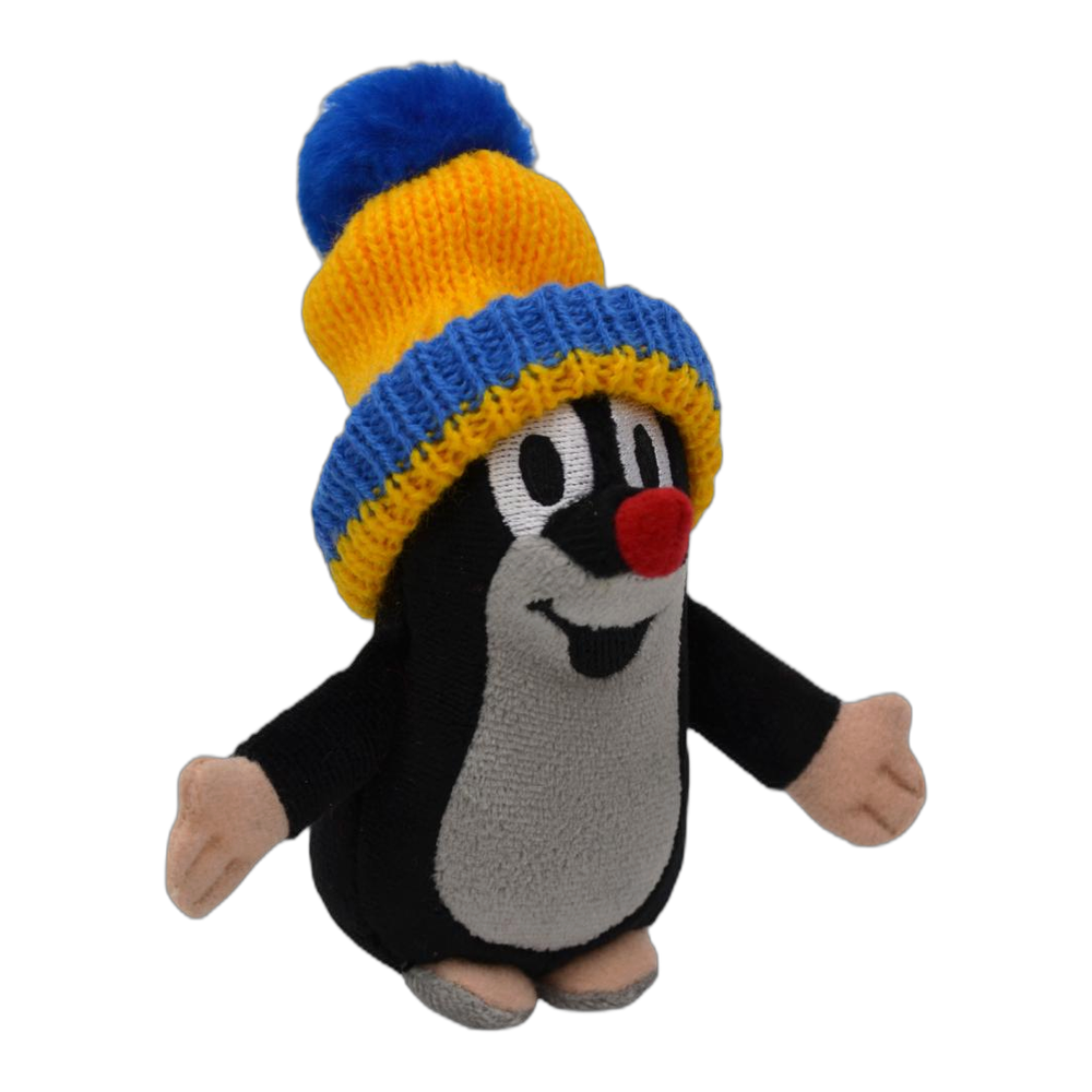 Little Mole 12 cm plush toy, blue-yellow knitted hat