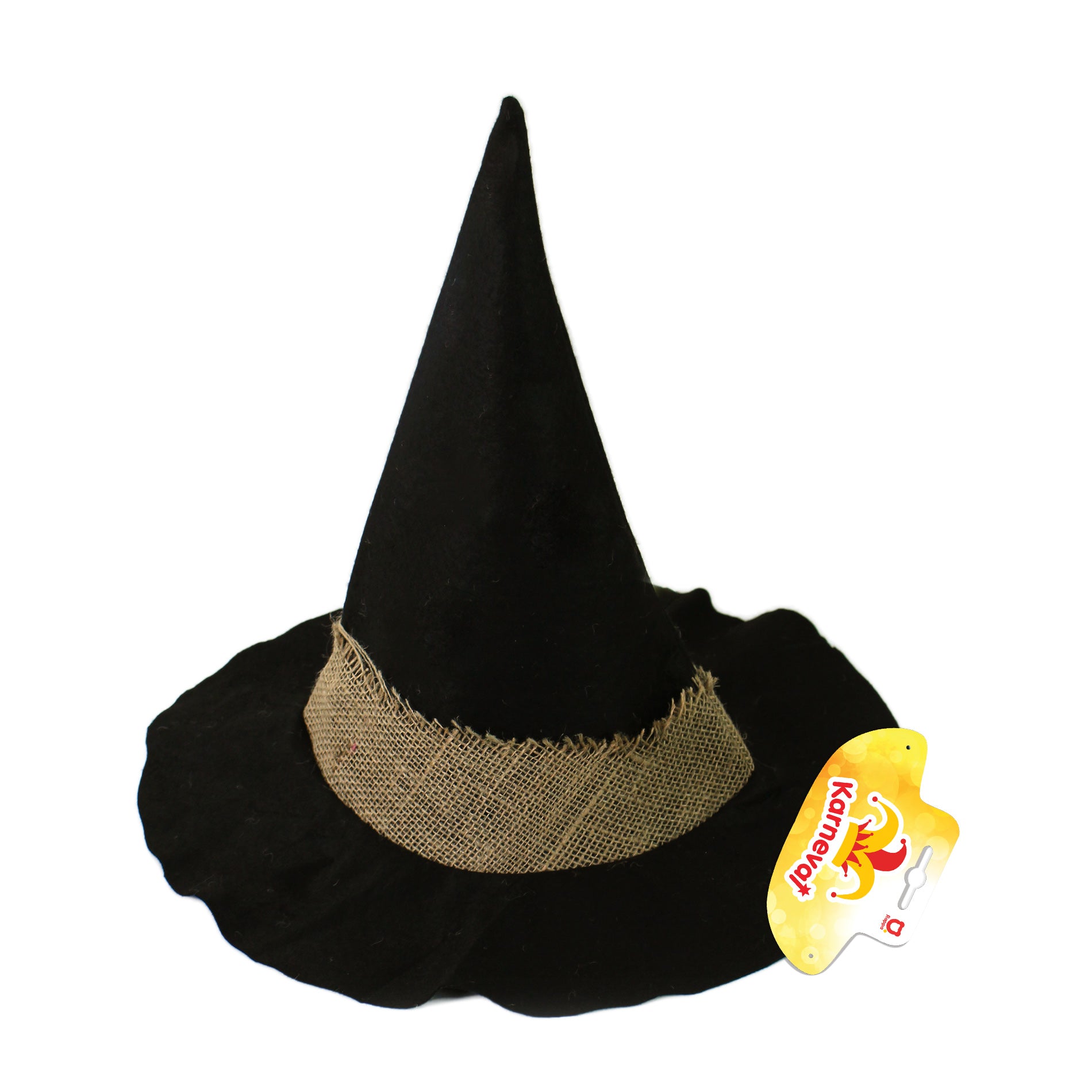 Adult witch hat in black with burlap band