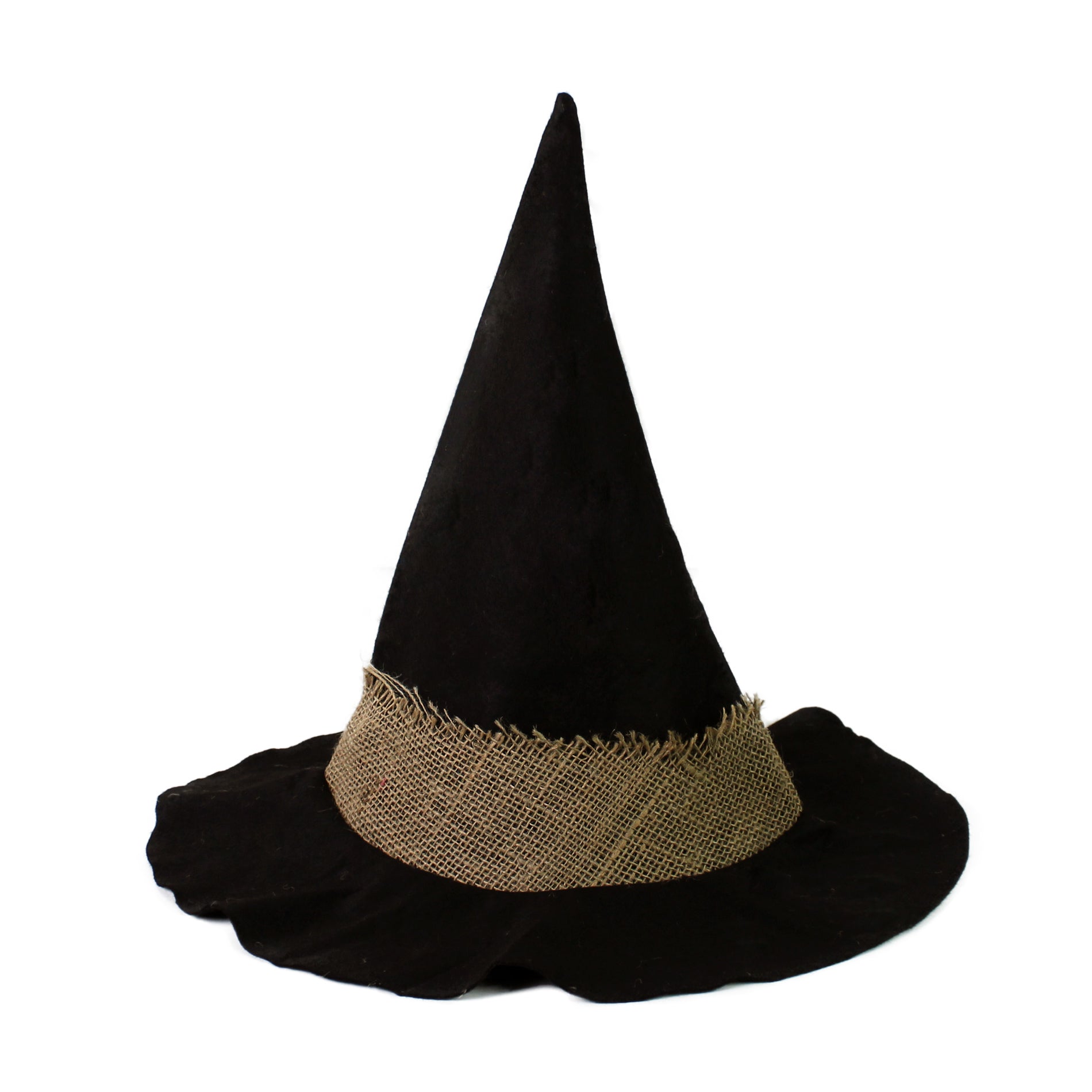 Adult witch hat in black with burlap band