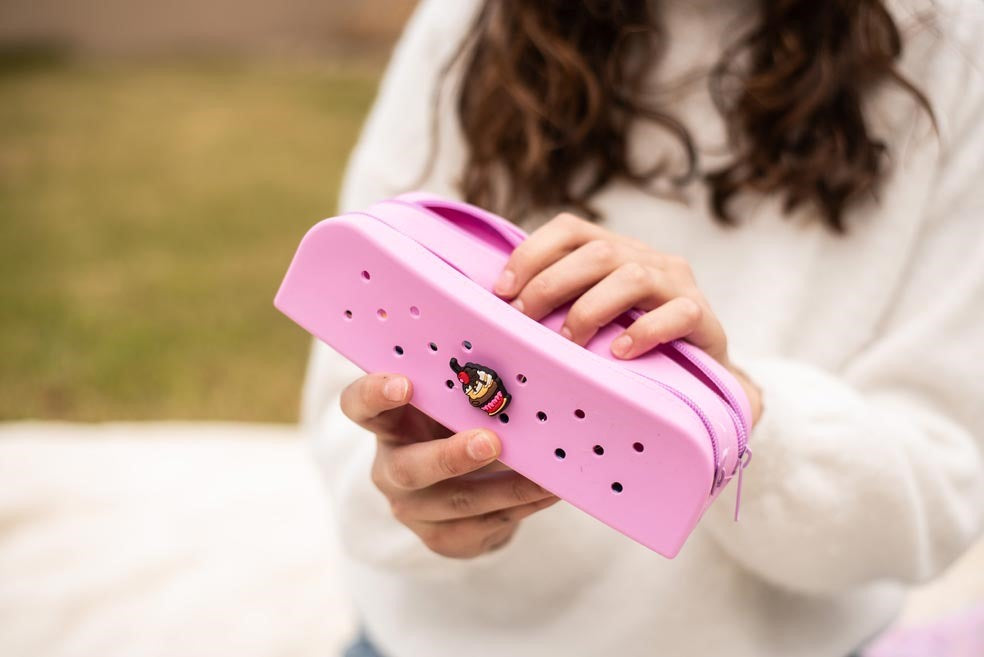 Gifty Double Silicone Pencil Case Pink with Decorative Pin