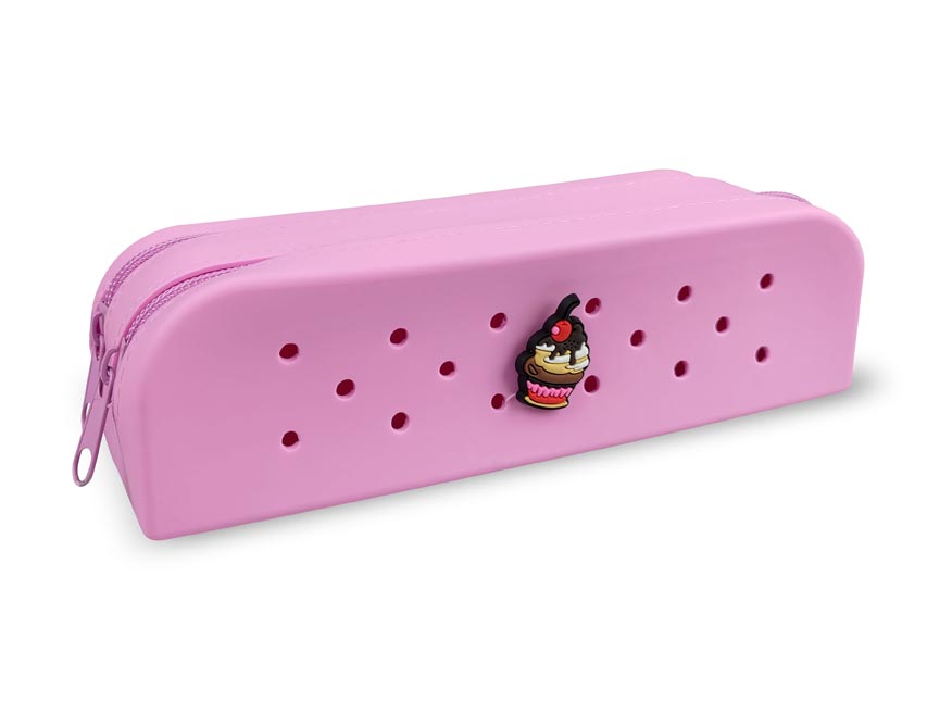 Gifty Double Silicone Pencil Case Pink with Decorative Pin