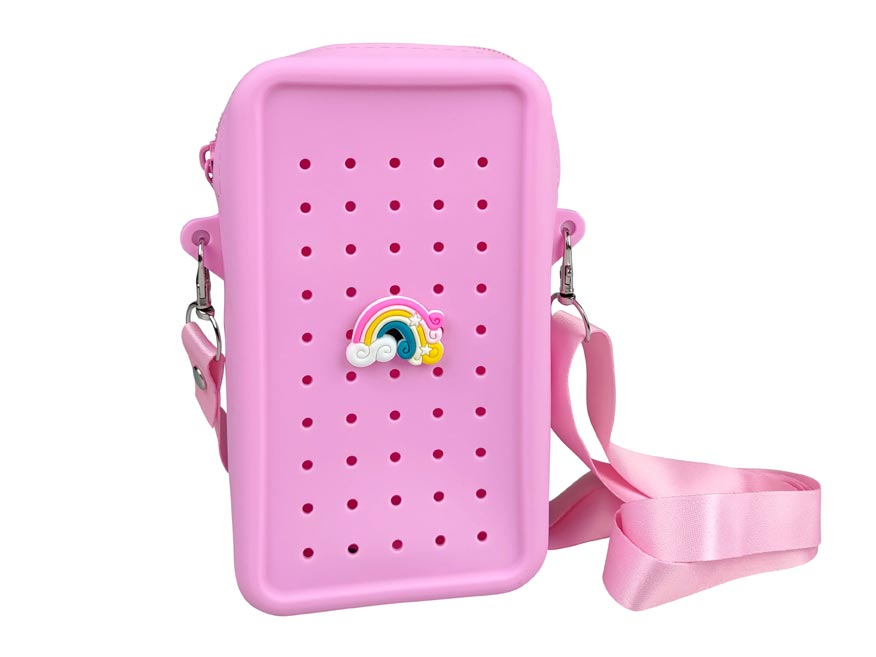 Gifty pink silicone crossbody bag with decorative pin