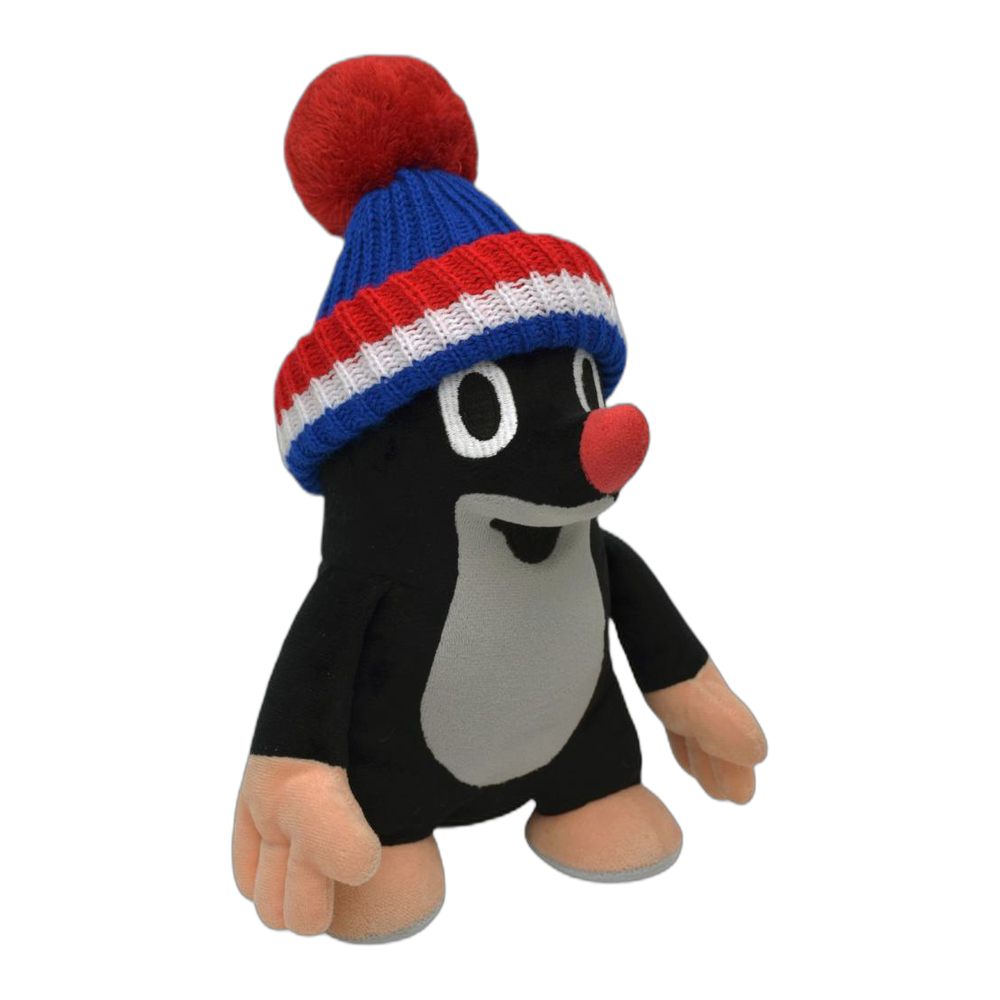 Little Mole 24 cm plush toy, blue tricolour knitted hat