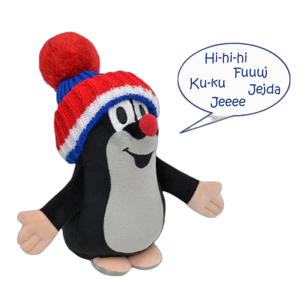 Little Mole 20 cm plush toy, blue tricolour knitted hat, talking