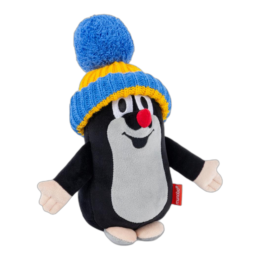 Little Mole 20 cm plush toy, blue-yellow knitted hat