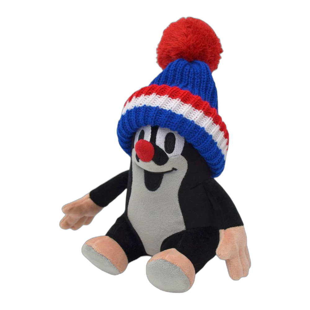 Little Mole 20 cm plush toy, blue tricolour knitted hat, sitting