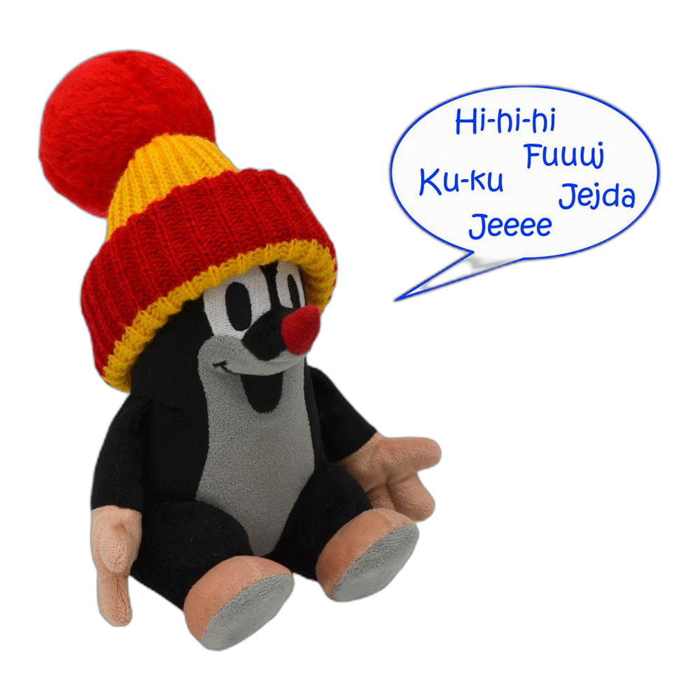 Little Mole 20 cm plush toy, red-yellow knitted hat, talking
