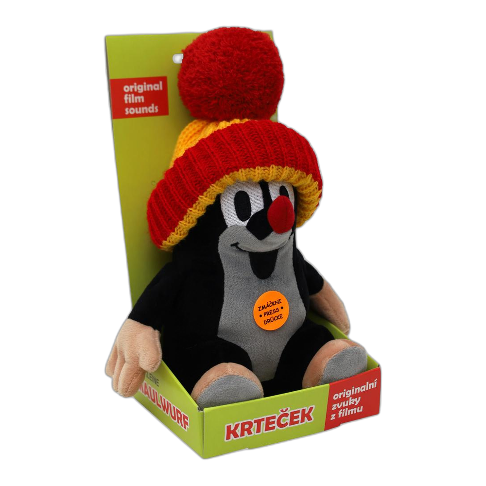 Little Mole 20 cm plush toy, red-yellow knitted hat, talking