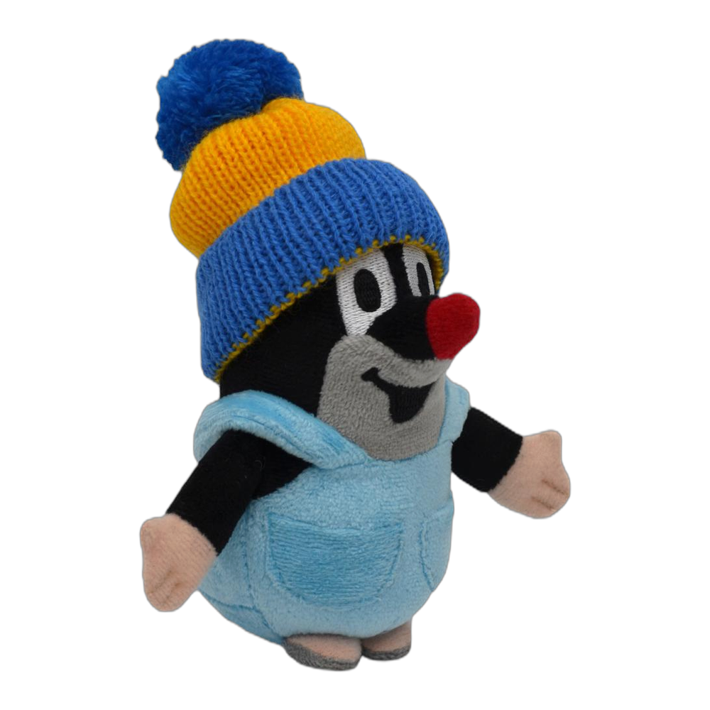 Little Mole 14 cm plush toy, blue-yellow knitted hat, trousers