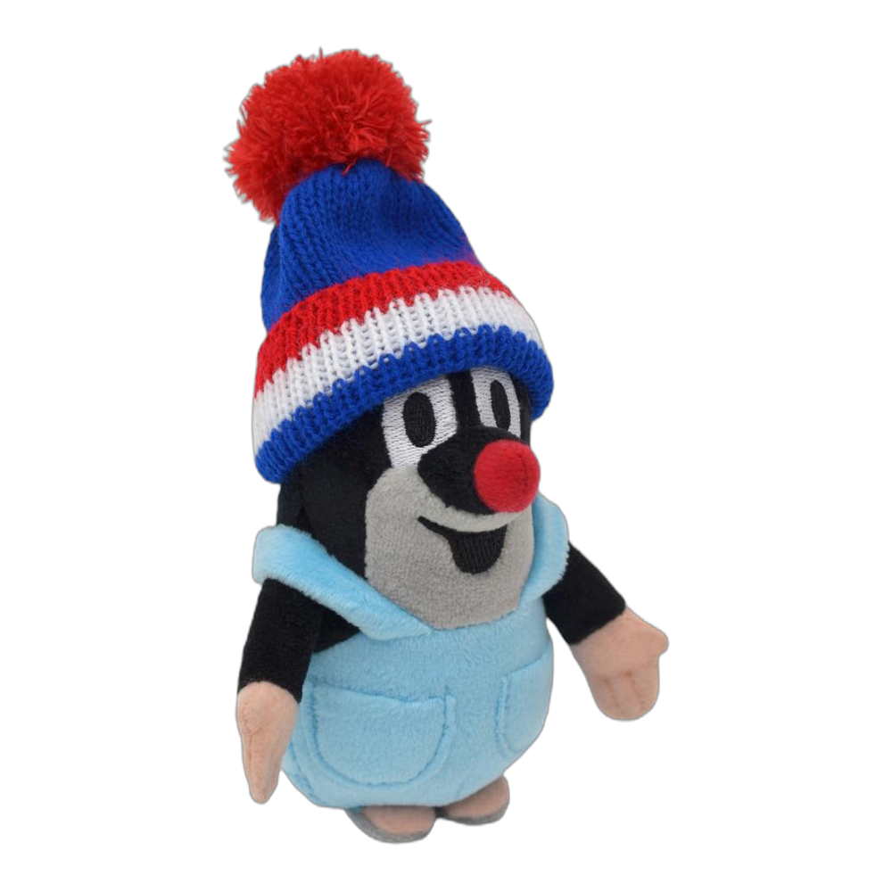 Little Mole 14 cm plush toy, blue tricolour knitted hat, trousers