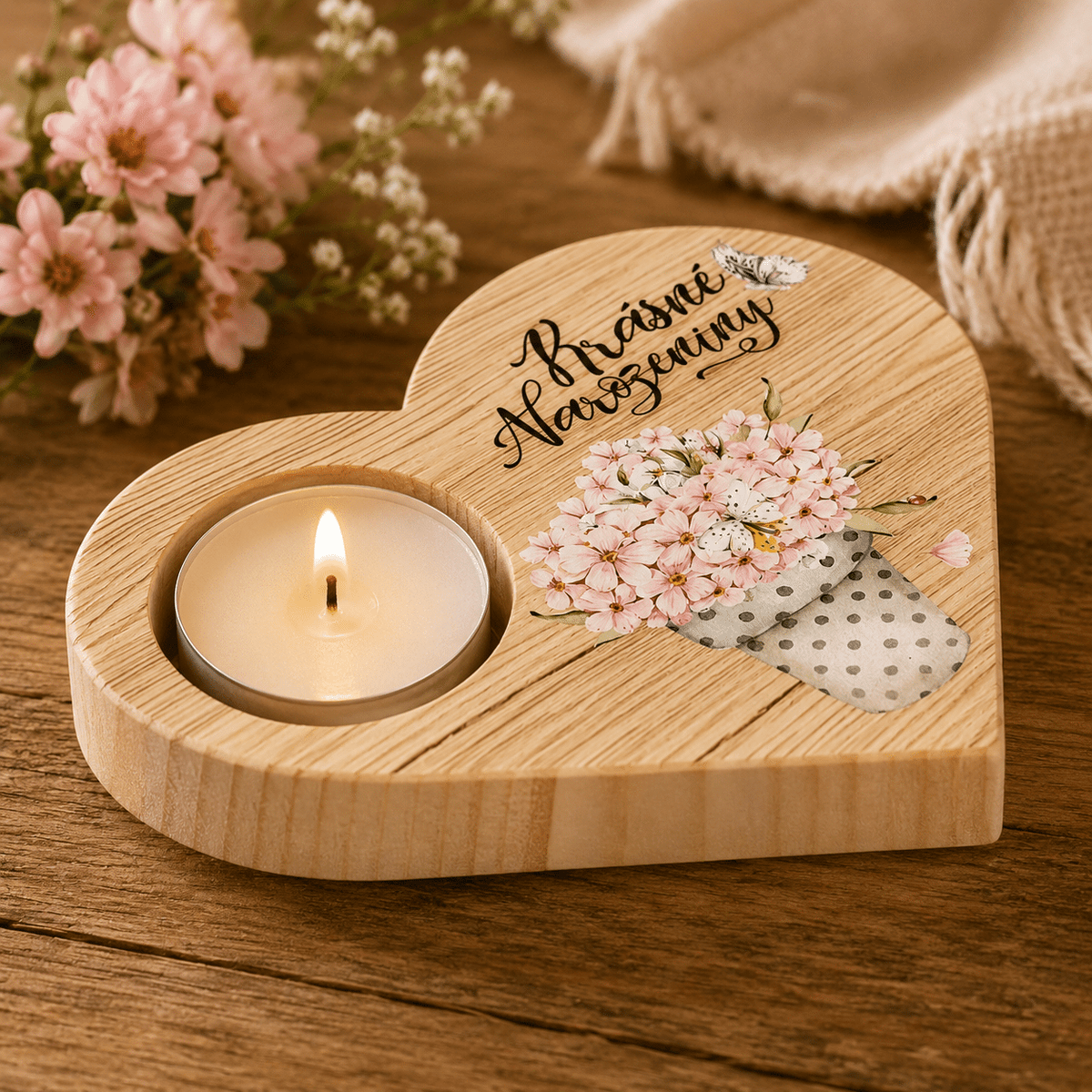 Wooden Decorative Heart Candle Holder – Happy Birthday