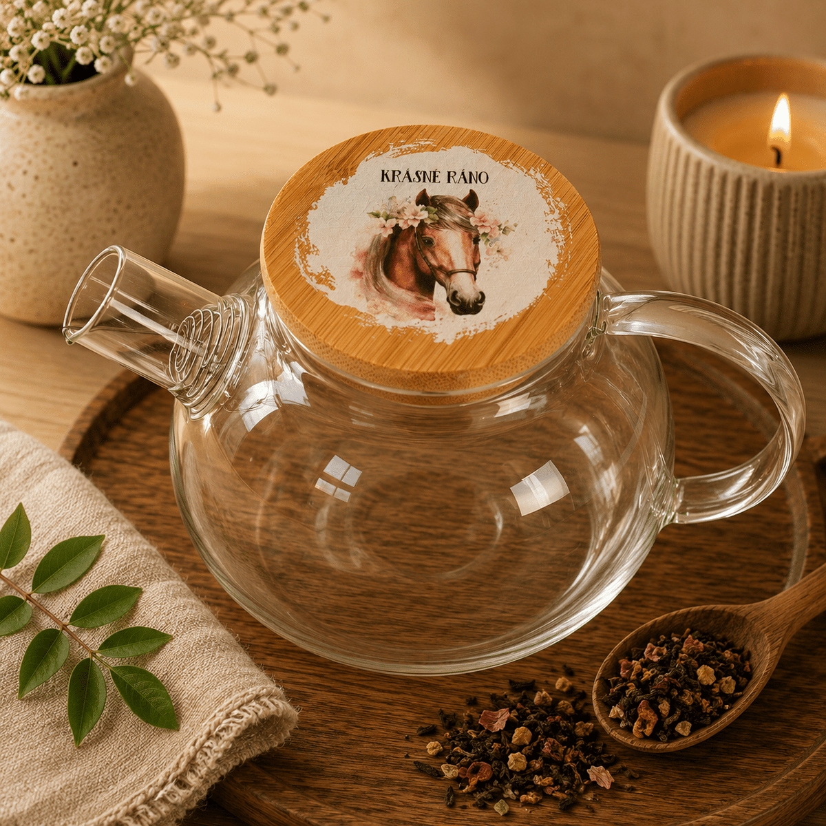 Glass Teapot with Horse Print – Good Morning