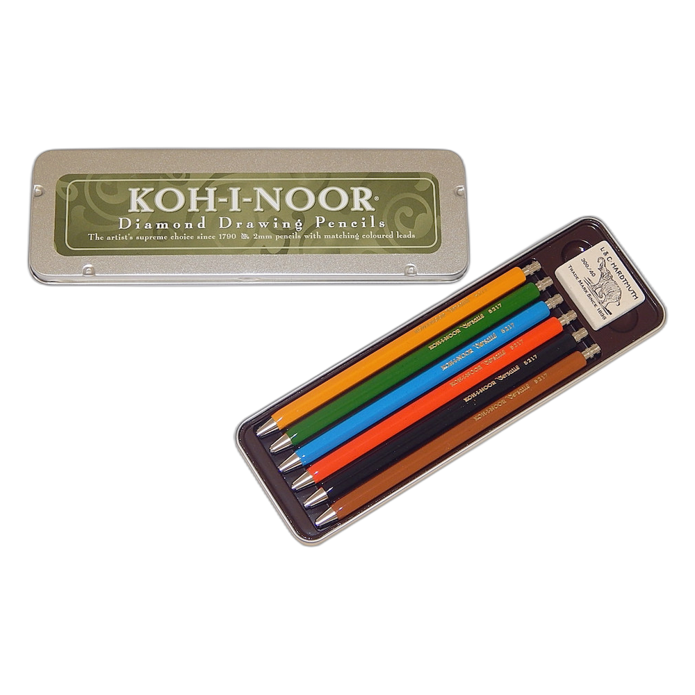 Koh-i-Noor Versatil 5217 Coloured Clutch Pencils 2 mm Set of 6 with Eraser in Tin