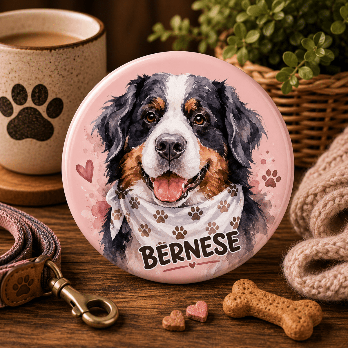 Bernese Dog Breed Pin Button, 44 mm
