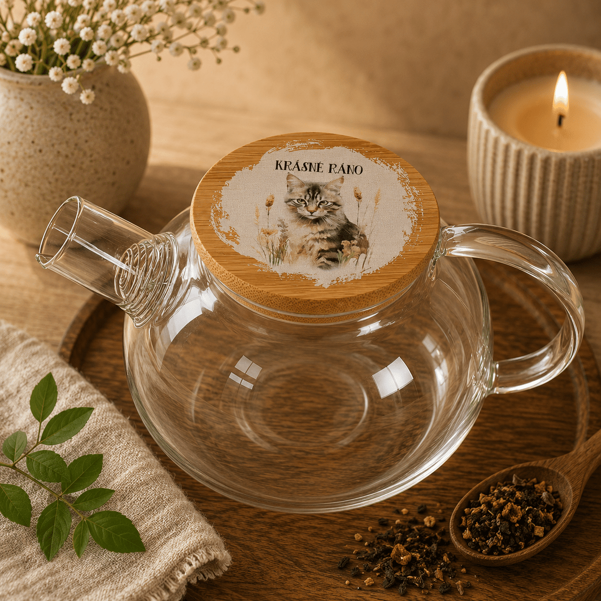 1 L Glass Teapot with Cat Print and “Good Morning”