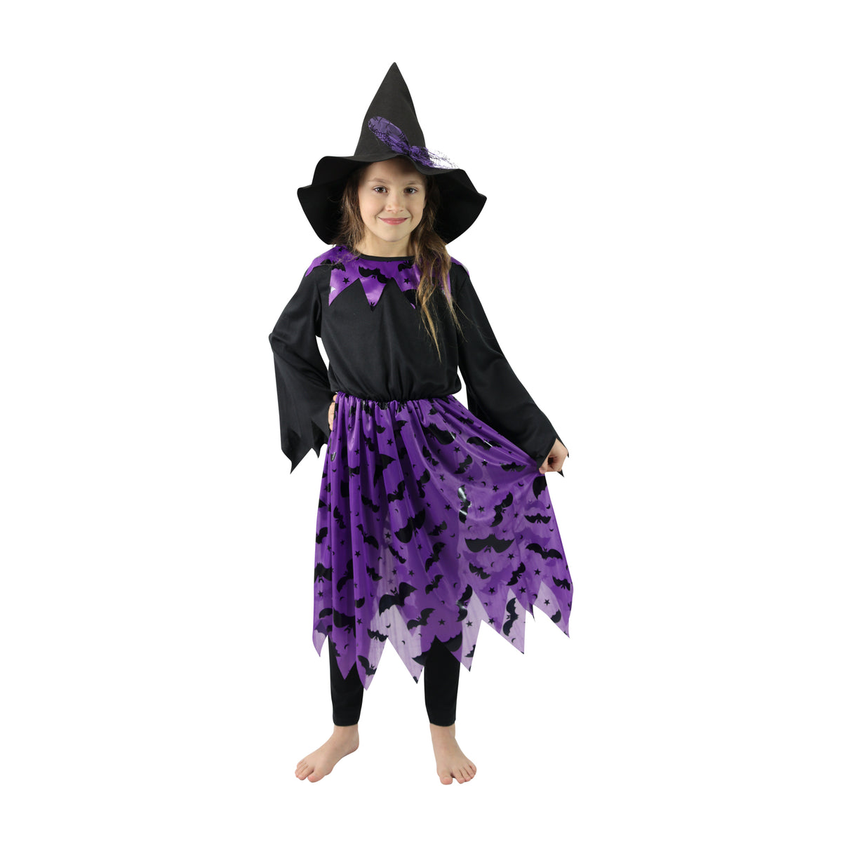 Children's witch costume with bats and hat, size S