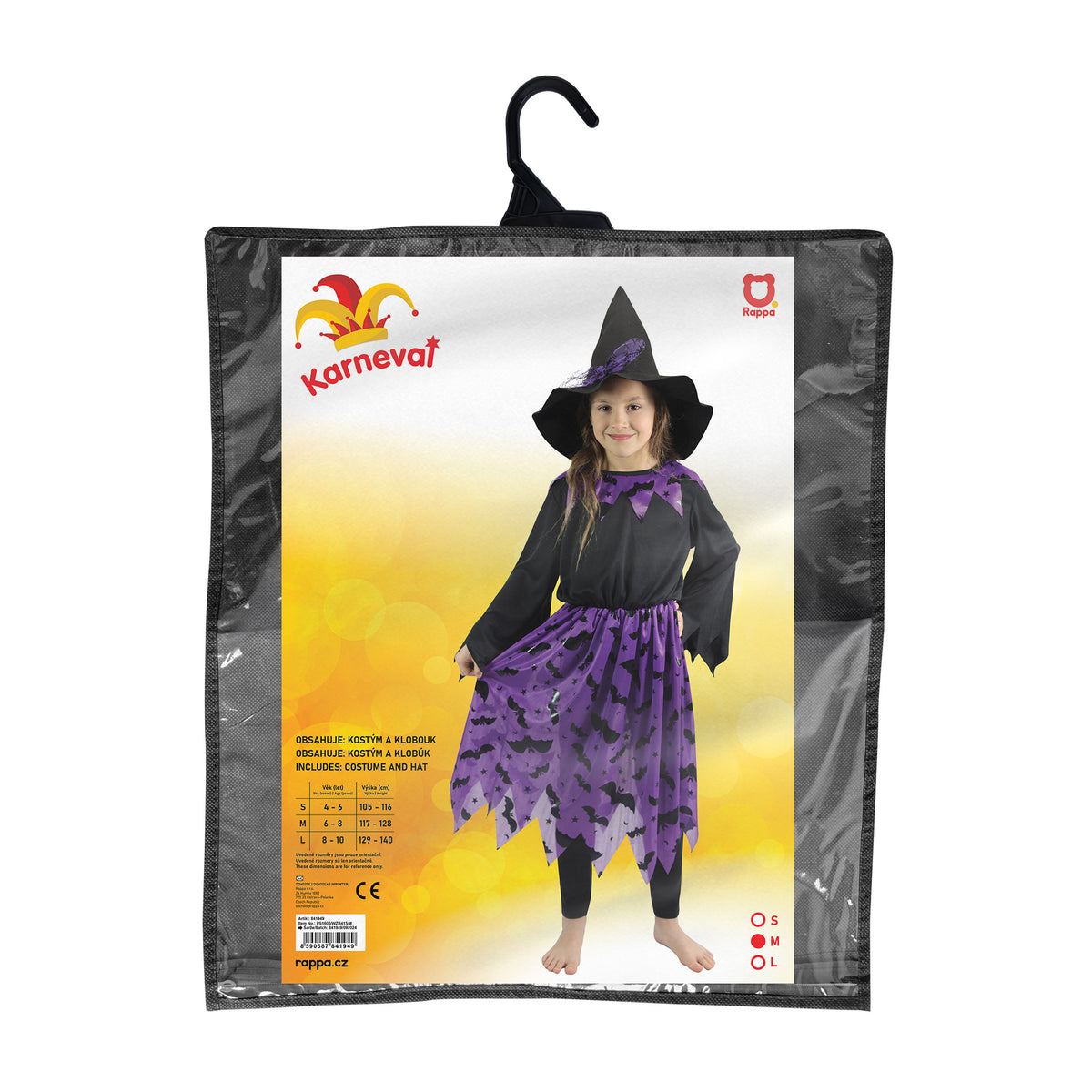 Children's witch costume with bats and hat (M)