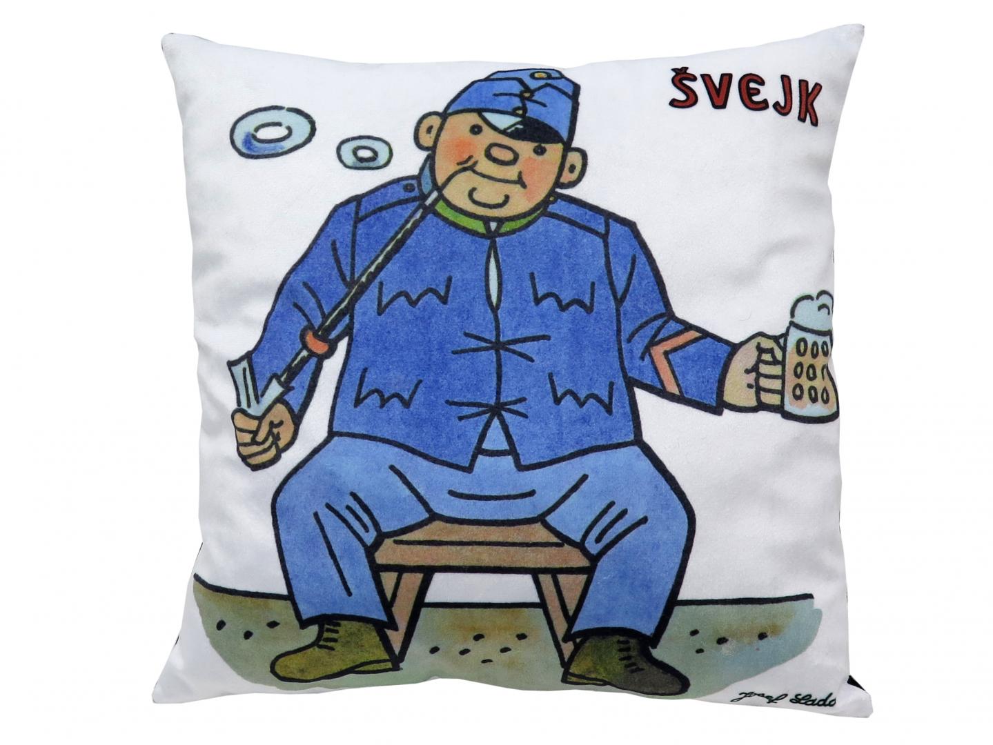 Pillow 30x30 cm Good Soldier Svejk with a pint glass / Polastar Dobry vojak Svejk s pivem