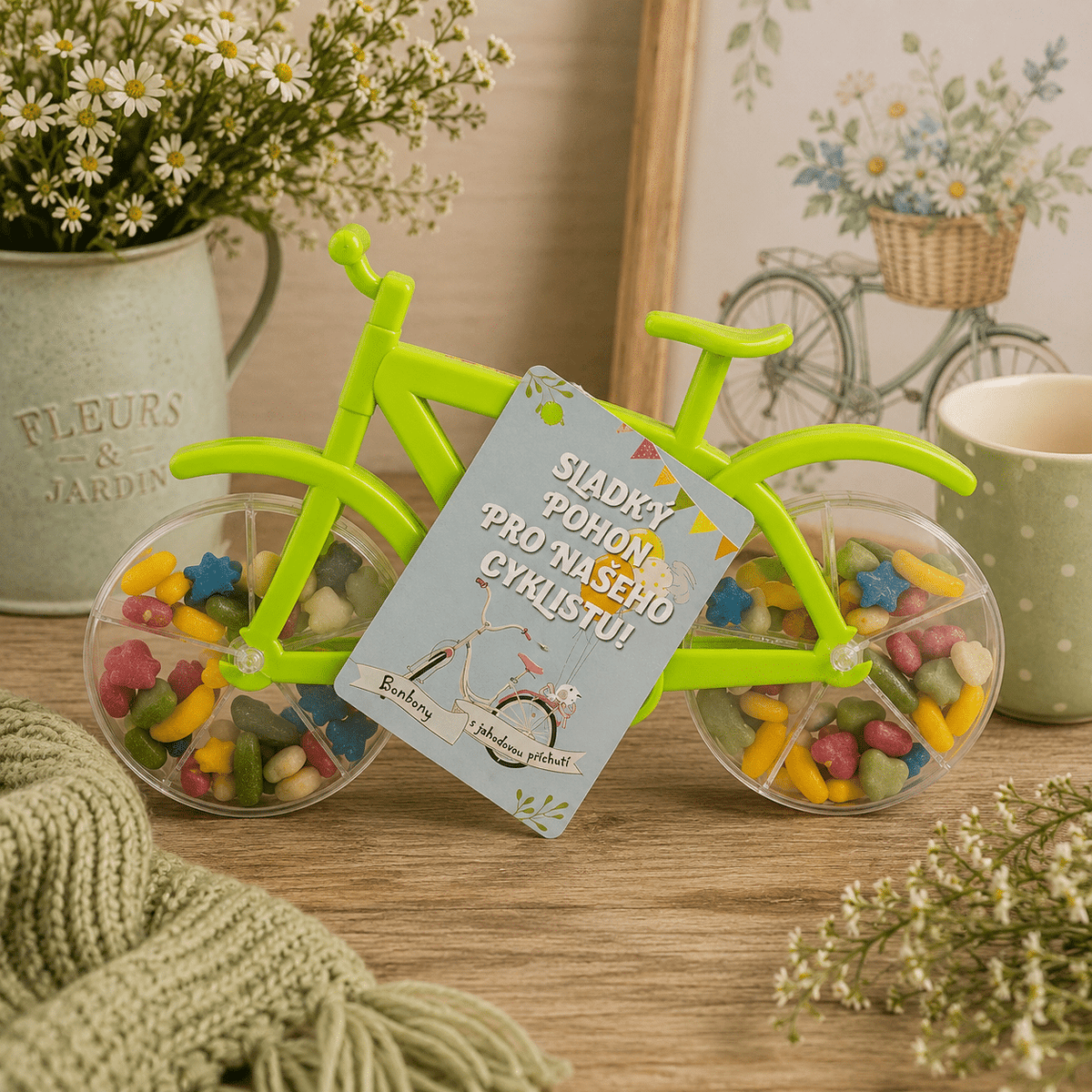 Strawberry-Flavoured Candies in a Green Bicycle Gift Box