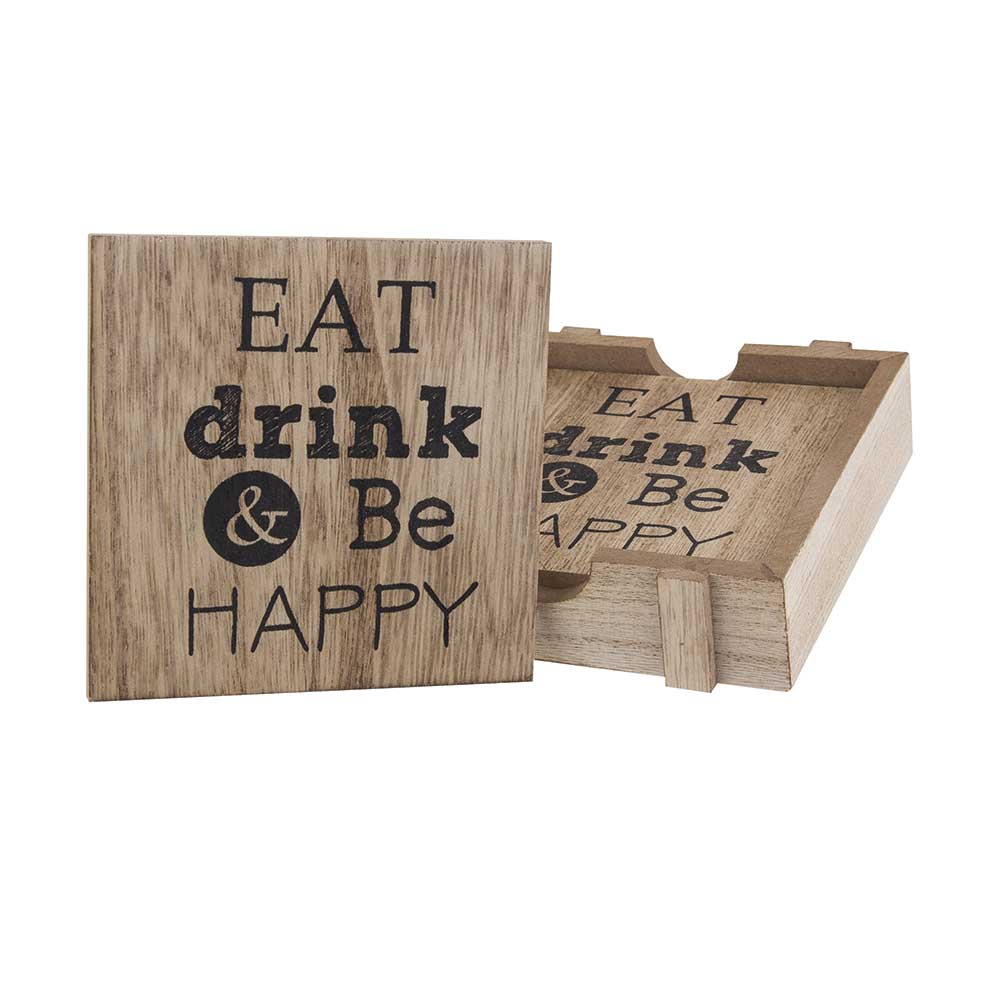 Wooden Coasters in a Box, 4-Piece Set – Eat, Drink and Be Happy