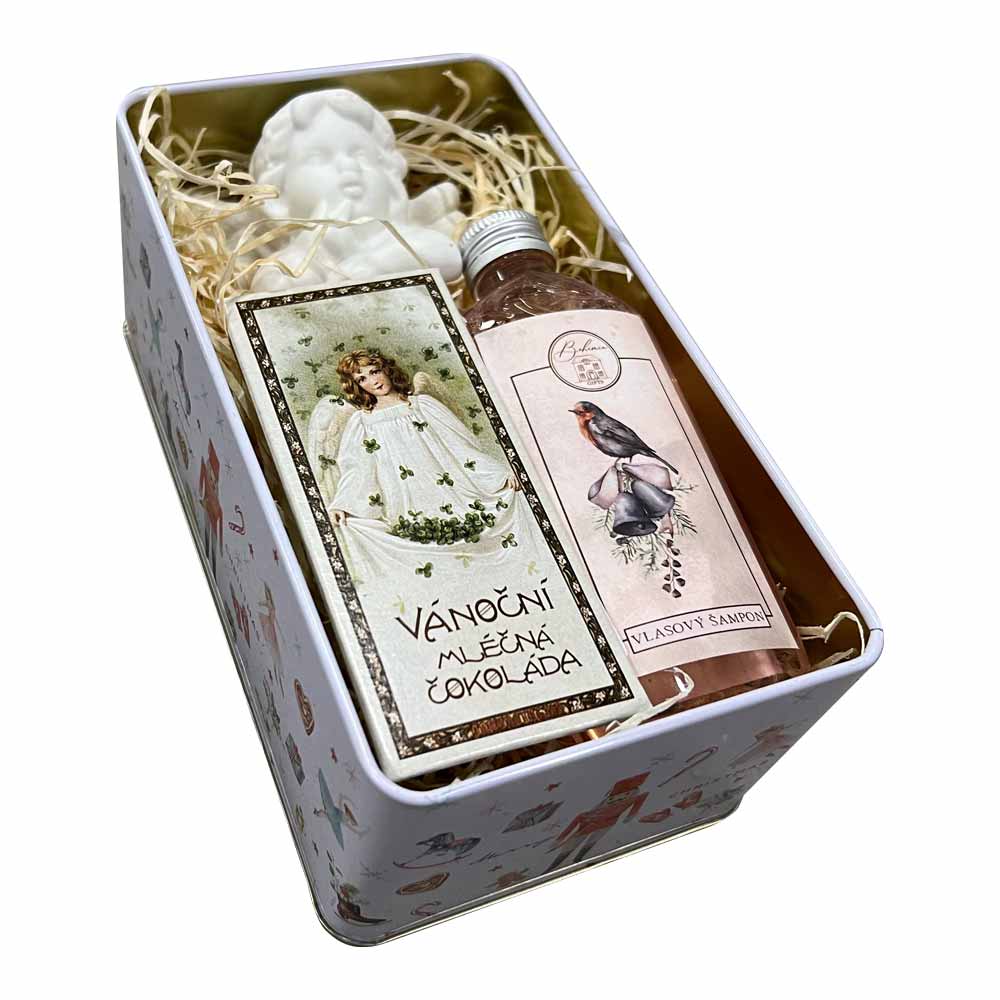 Christmas Gift Tin Box with Chocolate, Shower Gel and Angel Ornament