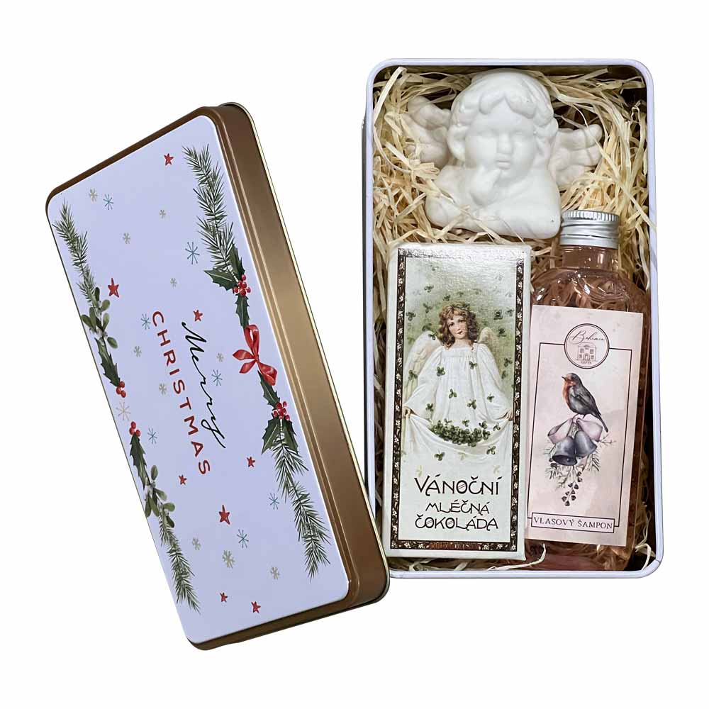 Christmas Gift Tin Box with Chocolate, Shower Gel and Angel Ornament