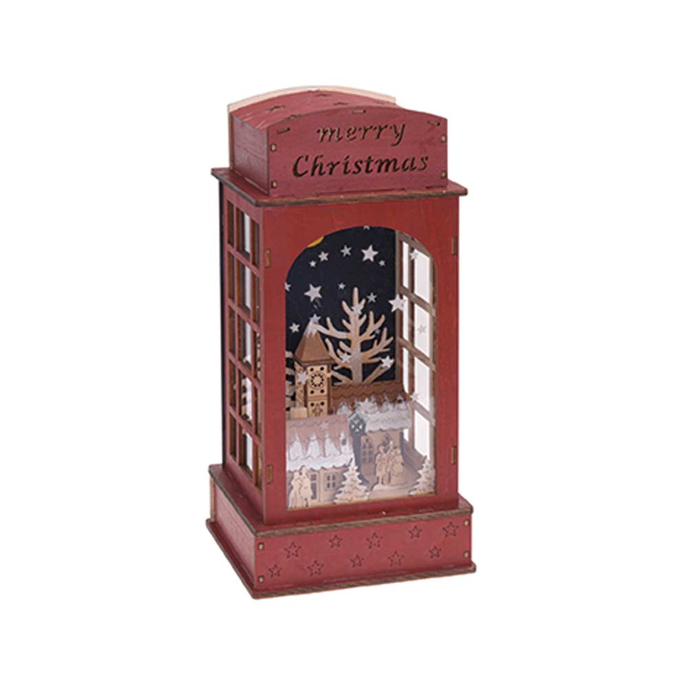 Wooden Lantern with Illuminated Village