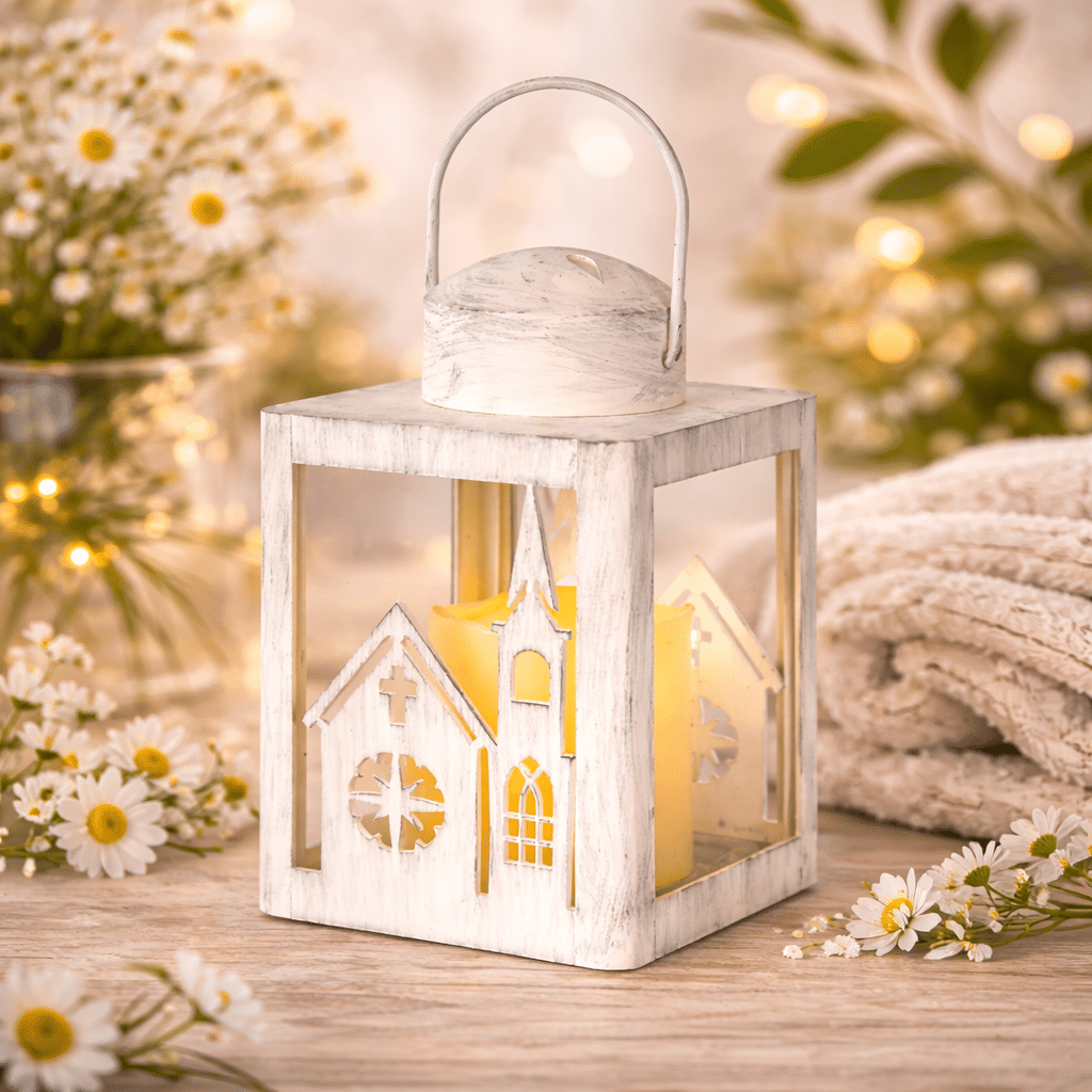 White Lantern with a Little Church and LED Candle