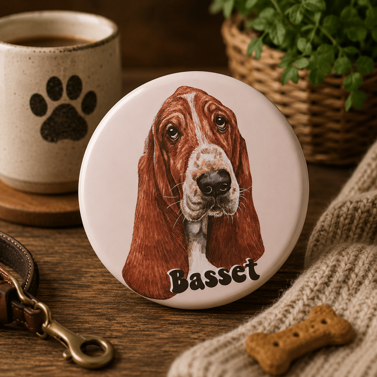 44 mm Basset Dog Button Badge with Safety Pin