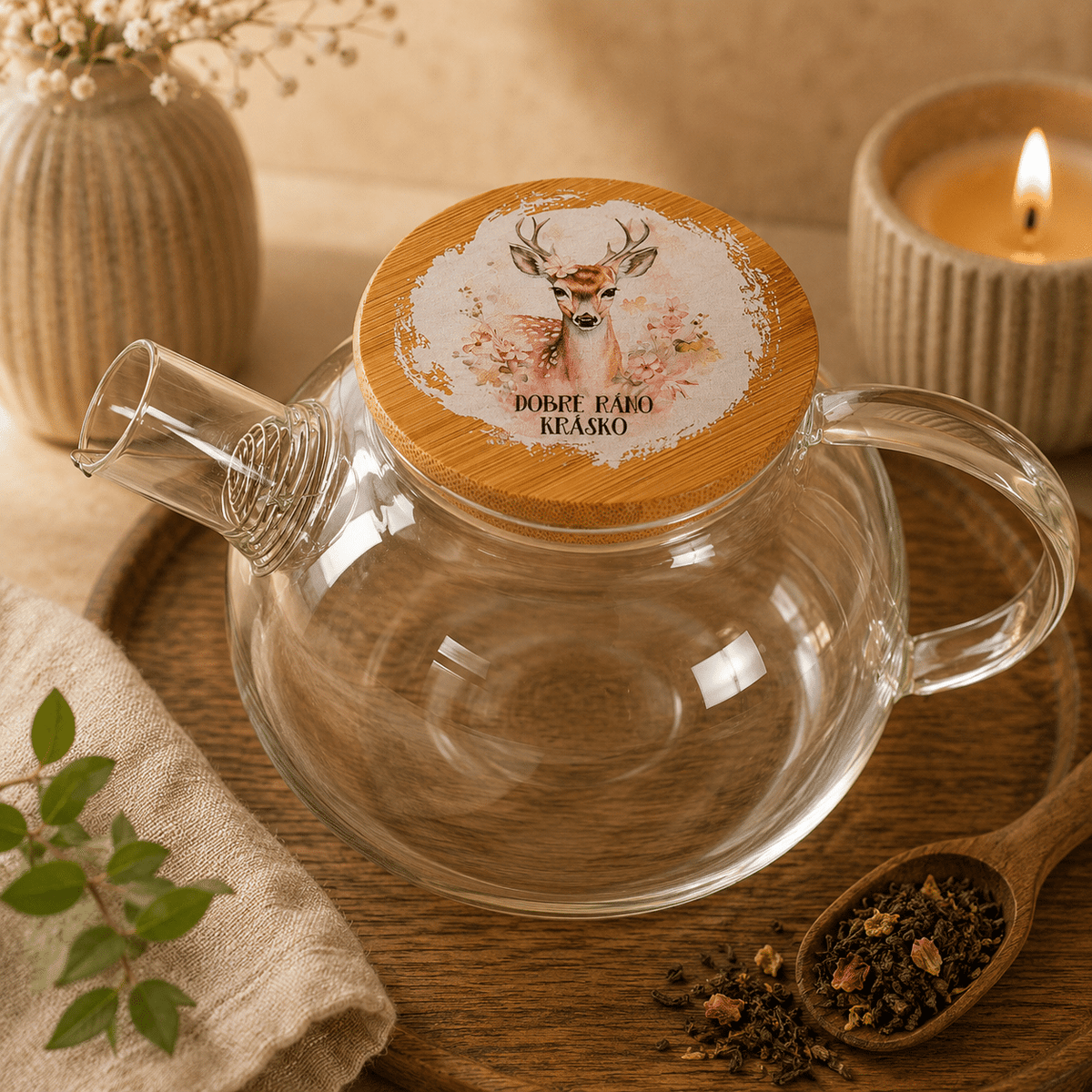 1 L Glass Teapot with Wooden Lid, Good Morning, Beauty and Deer