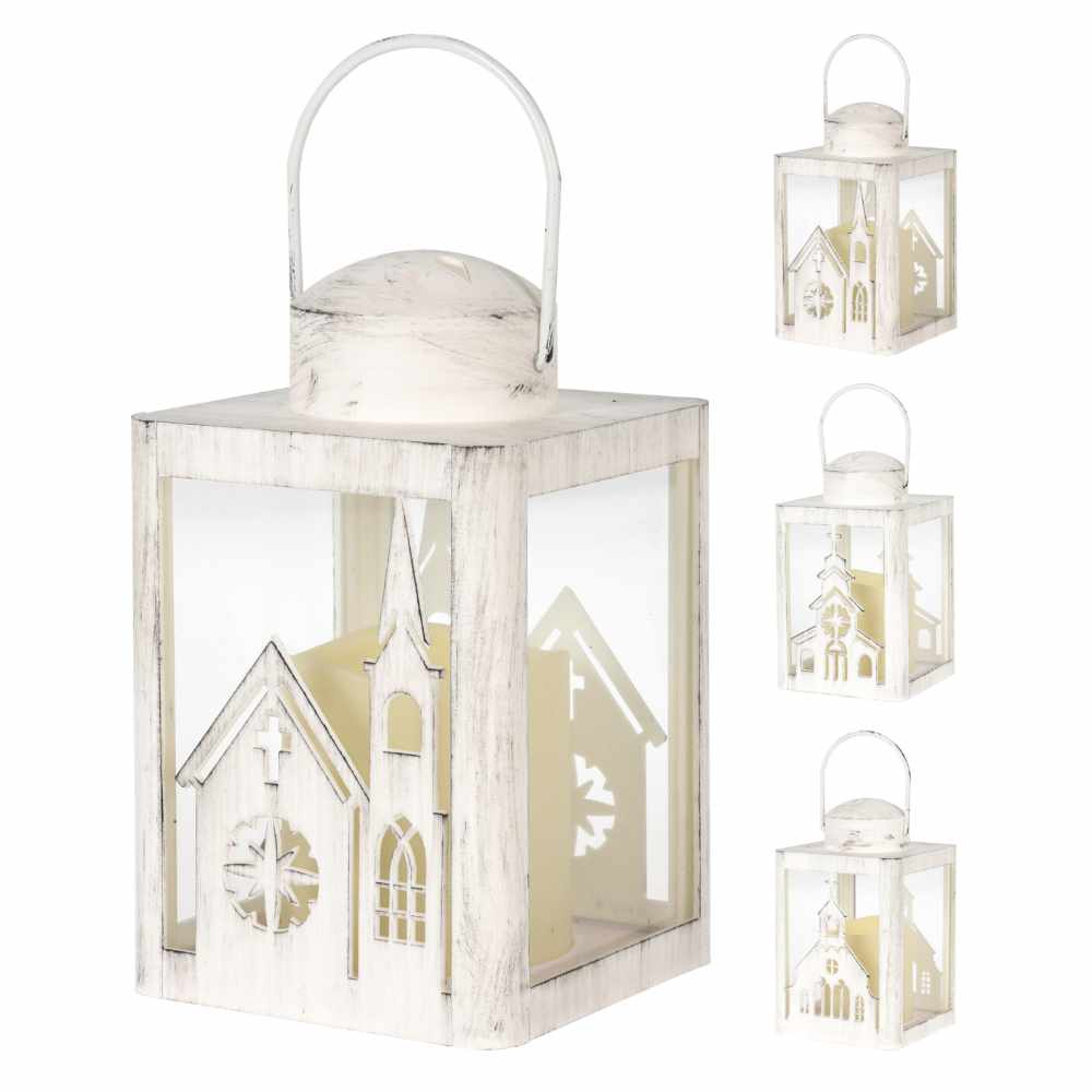 White Lantern with a Little Church and LED Candle