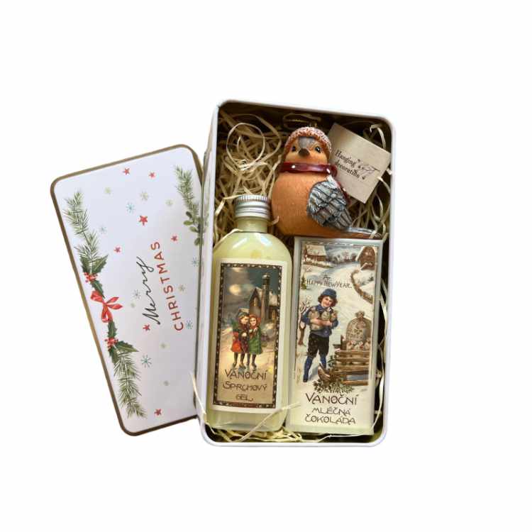 Christmas Gift Tin Box with Chocolate, Shower Gel and Angel Ornament