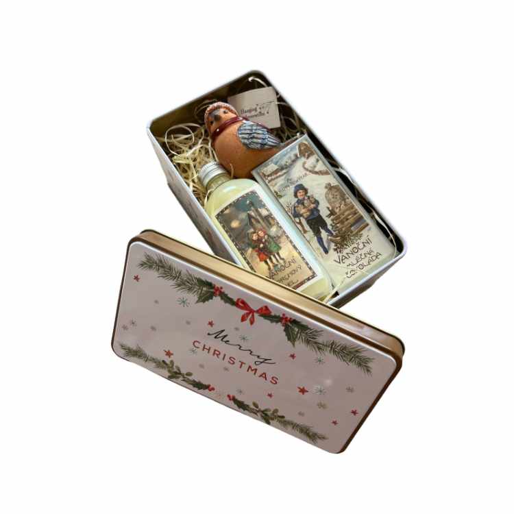 Christmas Gift Tin Box with Chocolate, Shower Gel and Angel Ornament