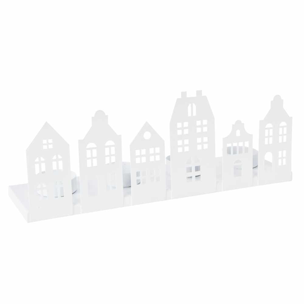 White Metal Candle Holder with Dutch House Silhouettes