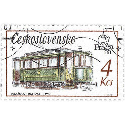 Retro T-shirt with Prague Tram Stamp Print