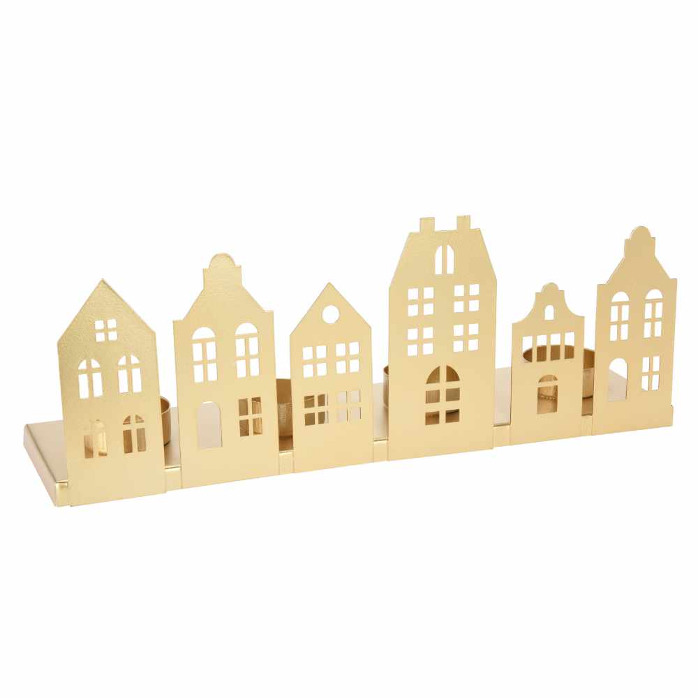 Gold Metal Candle Holder with Dutch House Silhouettes